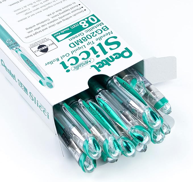 Pentel Arts Slicci Metallic 0.8 mm Needle Tip Gel Pen, Metallic Green Ink, Box of 12 (BG208-MD)