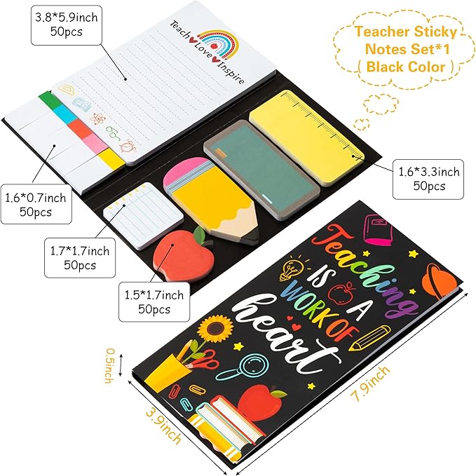 Xqumoi Teaching is A Work of Heart Sticky Notes Set 550 Sheets Pencil Apple Shape Self-Stick Note Pads Teacher Appreciation Gift Writing Memo Pads Page Marker Back to School Office Supplies (Black)