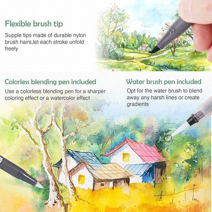 Watercolor Pens Set, 48-Color Dual Tip Paint Markers, Water-Based Coloring Markers with 1 Aquapen, 2 Colorless Blenders, 1 Black Marker, and 12-Page Pad, Paint Supply for Artists & Beginners