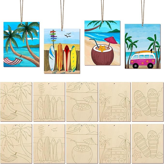 COCHIE 10 Pieces Large Summer Unfinished Wood Crafts to Paint for Adults and Kids, Bulk Predrilled Wooden Ornaments for Painting, Beach Paintable Wood Slices Craft Supplies with Ropes