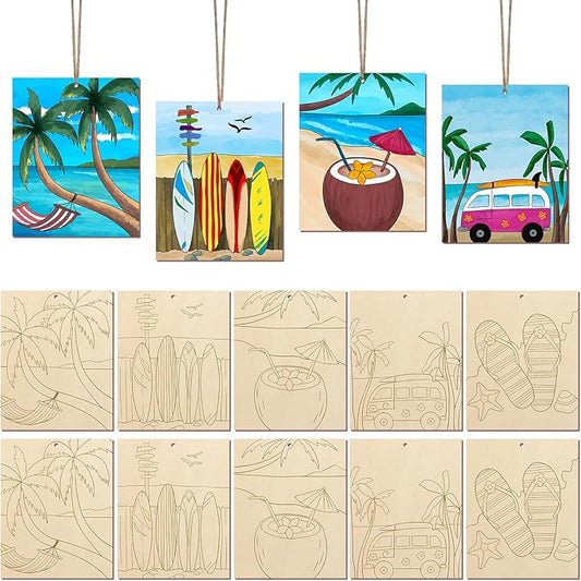 COCHIE 10 Pieces Large Summer Unfinished Wood Crafts to Paint for Adults and Kids, Bulk Predrilled Wooden Ornaments for Painting, Beach Paintable Wood Slices Craft Supplies with Ropes