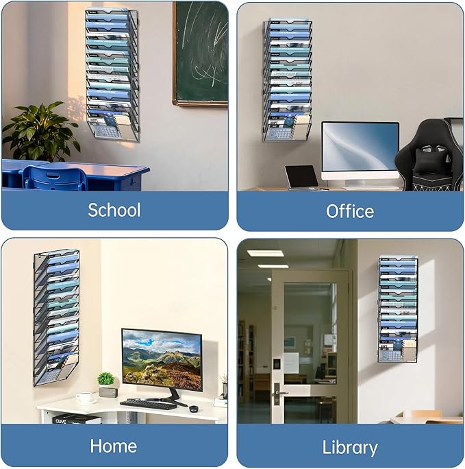 14 Tier Wall Hanging File Organizer, Paper Folder Holder Wall Mounted, Metal Mail Sorter for Office Home School, Black