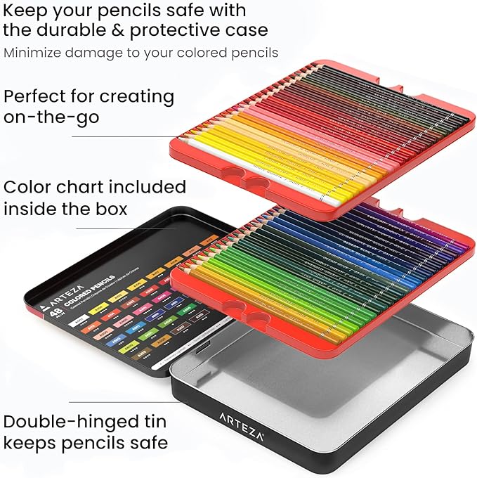 ARTEZA Colored Pencils, 48 Wax-Based Color Pencils, Vibrant Coloring Pencils in Tin Box for Adults, Professional Art Supplies