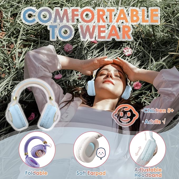 Girls Wired Headphones With Microphone - Blue Gaming Headset for Kids, School - Noise Cancelling, Over Ear, Wireless, Bluetooth Earbuds (Blue Gold)