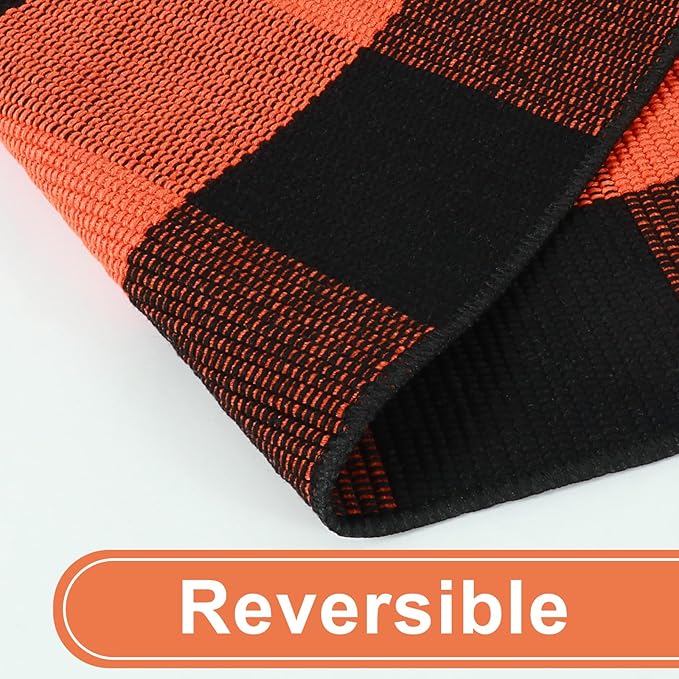 KIMODE Buffalo Plaid Fall Outdoor Rug 27.5"x43",Washable Halloween Door Mat,Reversible Front Porch Rug,Checkered Layering Rug for Entryway,Halloween Front Porch Decor,Orange and Black