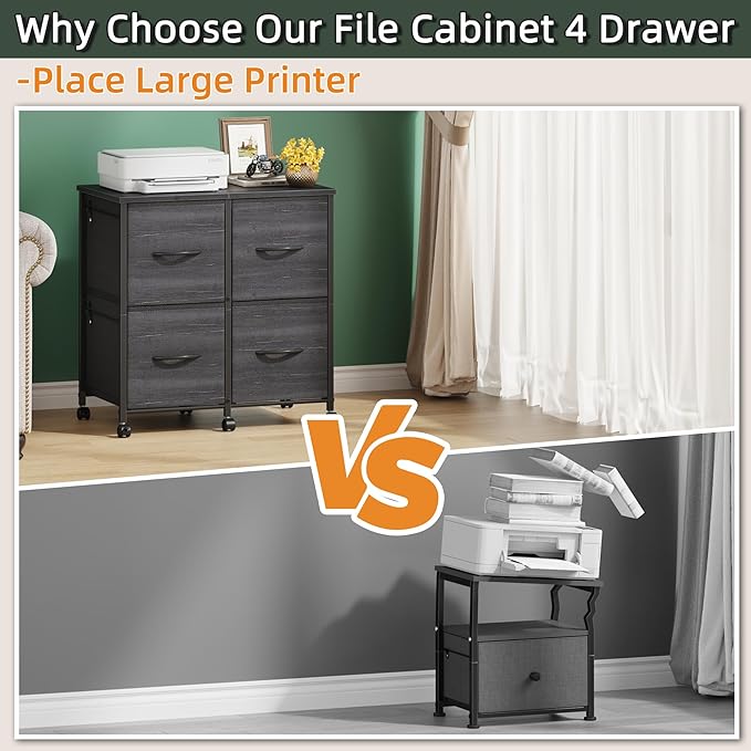 Lateral File Cabinet 4 Fabric Drawer, Mobile Filing Cabinet for Large Printer, Home Office Functional Office Storage Cabinet & Printer Stand, Fits A4/Letter Size, Charcoal Black Grain Print