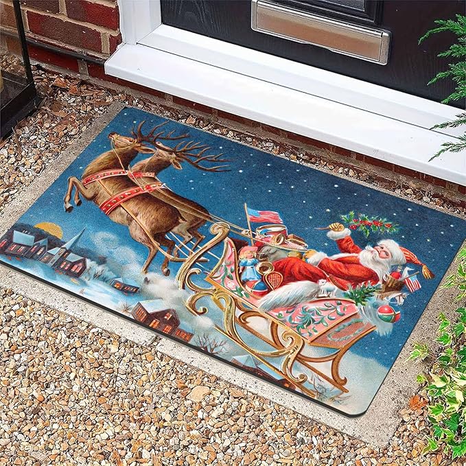 InterestPrint Christmas Reindeer Santa Claus Door Mat Indoor Outdoor, Non-Slip Rubber Christmas Doormat Inside Outside Entrance Welcome Floor Mat for Home Holiday Decor, 18" x 30"Inch