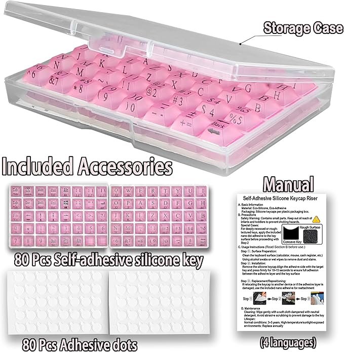 80 Pcs Self-Adhesive PC Keyboard Keys for Long Nails Typing and Gaming, Anti-Damage Symbolic and Alphanumeric Keys for Nail-Art (Purple Pink)