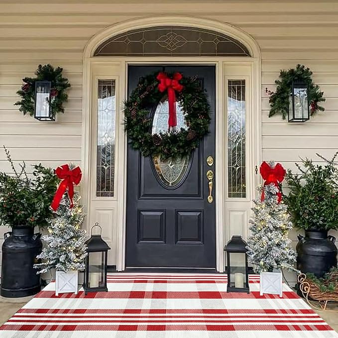 Christmas Door Mat Outdoor 4' x 6' Red and White Plaid Rug Christmas Decor Rug Cotton Hand-Woven Layered Door Mats Washable Carpet for Front Porch, Kitchen, Farmhouse, Entryway