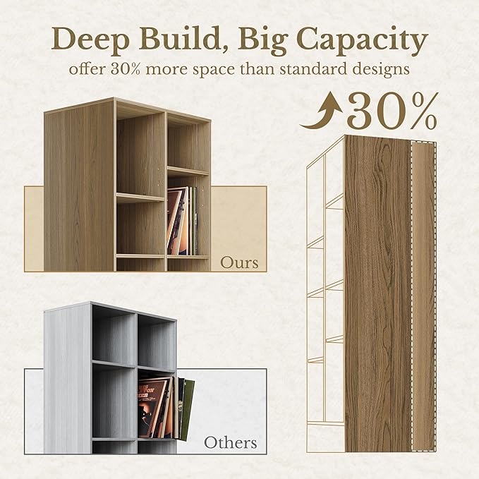 Bookshelf with 2 Drawers and Doors, 73 Inch Rattan Tall Bookcase with 4-Tier Storage Shelves, Wooden Book Shelf for Home Office, Light Oak