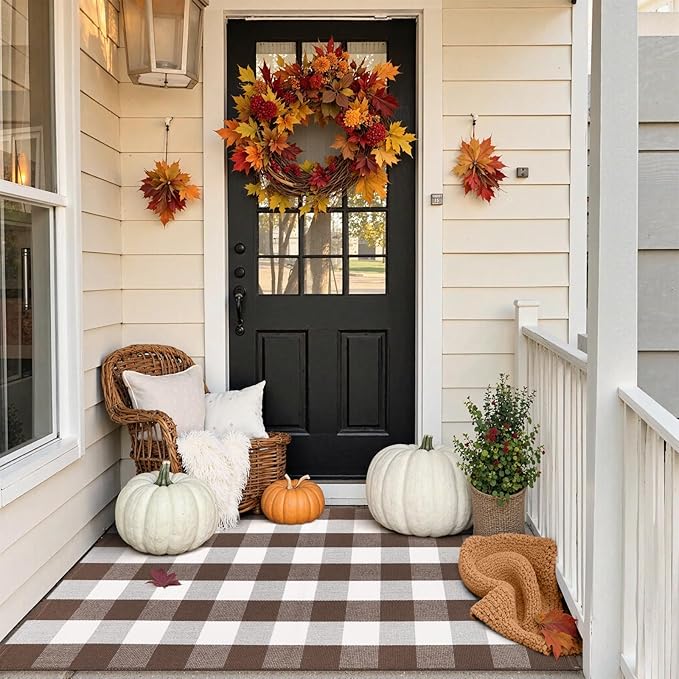 KIMODE Fall Decor Buffalo Plaid Outdoor Rug 3'x5' Brown and White Checkered Rug Farmhouse Cotton Fall Front Outdoor Autumn Door Mat Washable Indoor Outdoor Area Rug Carpet for Front Porch