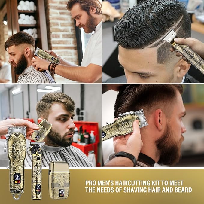 Soonsell Professional Hair Clippers for Men Cordless， Mens Clippers and Grooming Set，Electric Shavers, Clippers and T-Blade Trimmers Set，Hair Cutting Kit LCD Display（Bronze