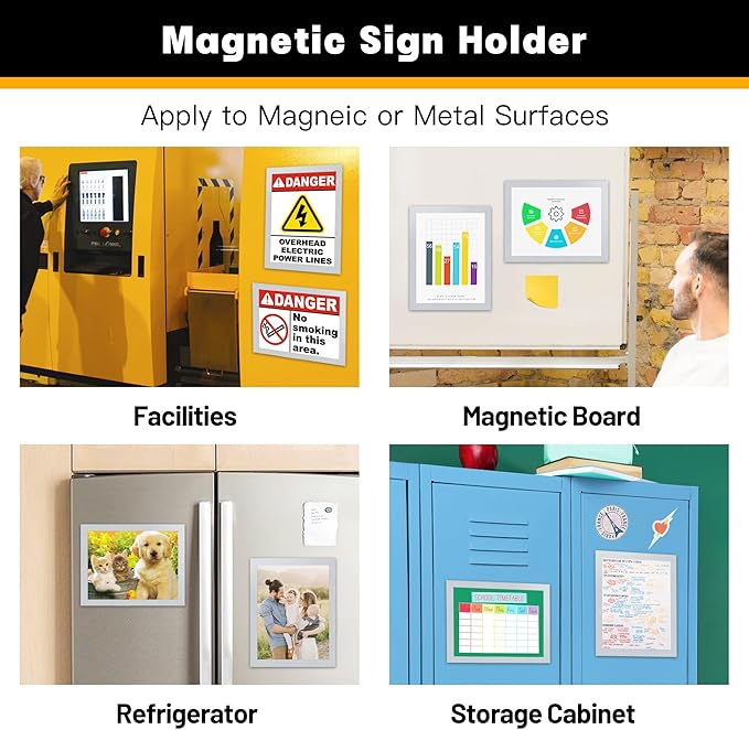 10Packs Magnetic Frames for Refrigerator & Metal Surfaces - 8.5x11 Magnetic Sign Holder - File/Paper/Document Holder with Photo/Picture/Poster Frame for Commercial/Home Use (Silver)