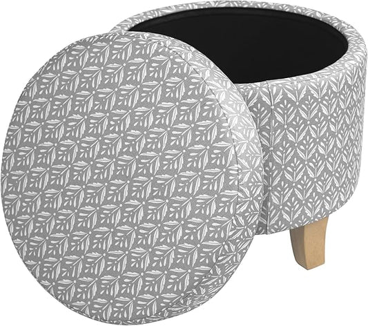 HomePop Upholstered Round Storage Ottoman|Homepop Home Décor|Upholstered Round Foot Rest Ottoman - Light Grey Print