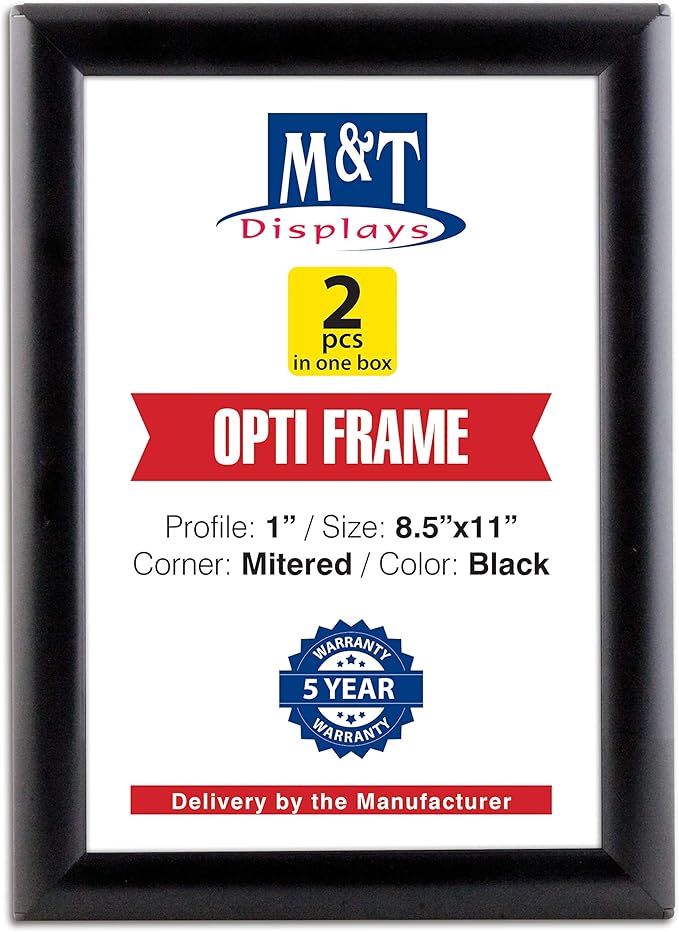 M&T Displays Opti Snap Poster Frame 8.5x11 Inch Black 1" Aluminum Profile Front Loading Wall Mounting Photo Picture Document Certificate Sign Holder Mitered Corner Anti Glare Cover (2 pack)