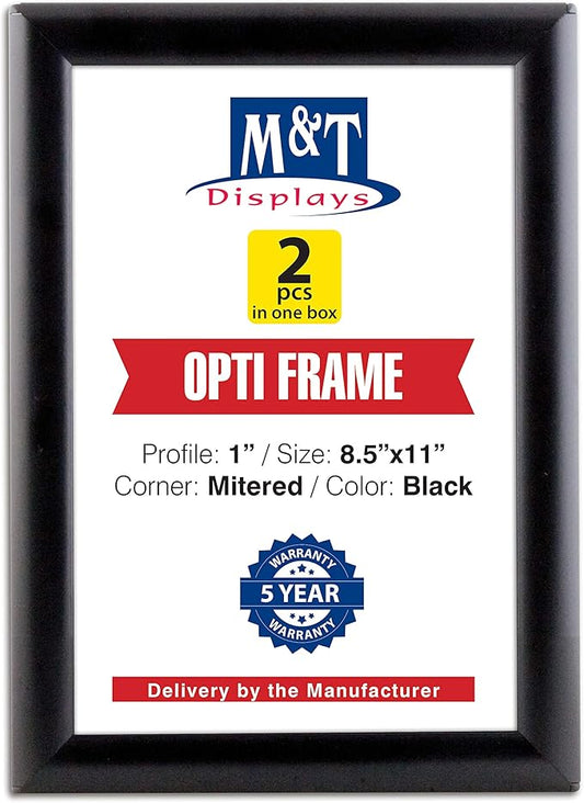 M&T Displays Opti Snap Poster Frame 8.5x11 Inch Black 1" Aluminum Profile Front Loading Wall Mounting Photo Picture Document Certificate Sign Holder Mitered Corner Anti Glare Cover (2 pack)