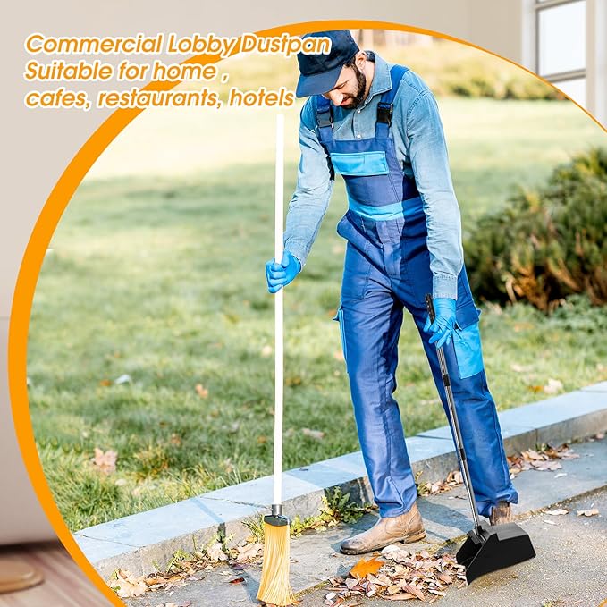 Leumoi 4 Pcs Dust Pans with Long Handle Set 36.6 Inch Commercial Dust Pan with Comb Large Plastic Stand up DustPans for Outdoor Indoor Restaurant Home Office Floor Cleaning (Black)