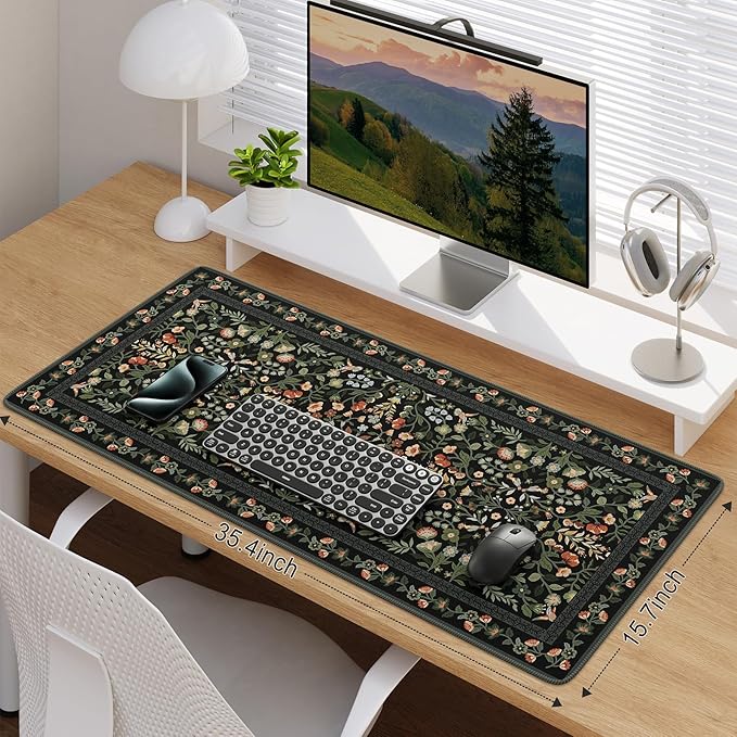 iCasso Desk Mat for Keyboard and Mouse, Large Mouse Pad, Desk Pad Mat, Anti-Slip Big Mousepad with Stitched Edges for Computer Desktop(Floral)