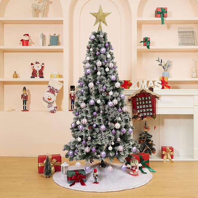 100Pcs Elegant Christmas Balls Set Christmas Tree Ornaments with Glitter and Patterns Bulk Ornaments for Tree as Festive Christmas Decor Xmas Ball Set Purple White