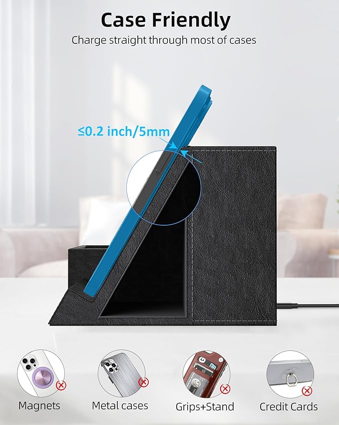 Wireless Charger with Desk Organizer, Pen Pencil Holder, Multifunctional Desktop Organizer, Office Supplies and Desk Accessories Organizer with 3 Compartments and 1 Phone Stand, PU Black