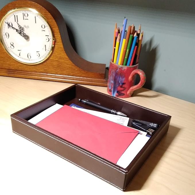 Valet Tray, Desk Tray, Nightstand Organizer for Men, Brown PU Leather, 10.3 x 8.3 x 1.6 inches