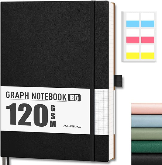 AHGXG Graph Paper Notebook - Grid Notebook Journal, 120 GSM Thick Graph Paper, Large B5 Notebook 96 Pages, Leather Softcover, for Graphing, Writing, Math, Engineering, 7.6'' X 10'' - Black