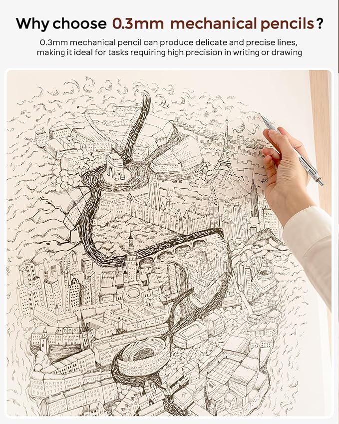 Nicpro Blocky Gear 0.3 mm Mechanical Pencils Set in Case, Metal Pencil with Lead Refills, Eraser for Professional & Adult Art Writing Drafting Drawing