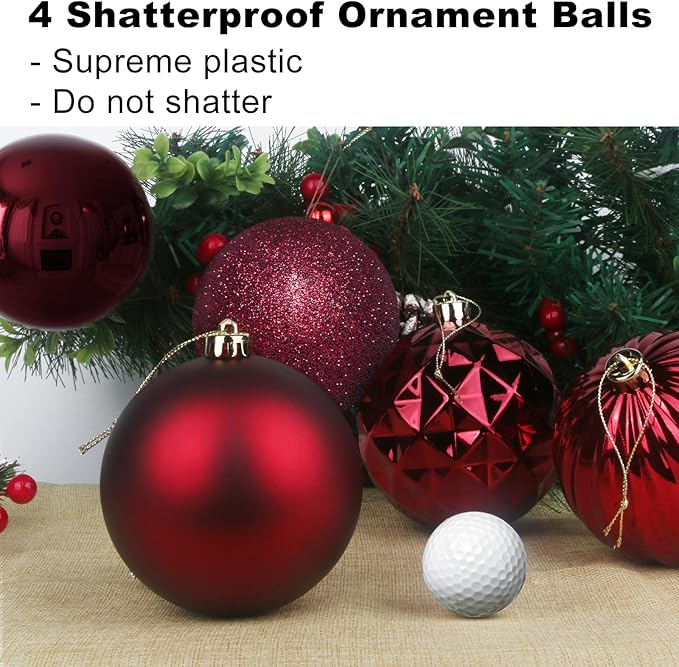 Maroon 4.0" Large Christmas Balls - Christmas Tree Decoration Ornaments Shatterproof Hanging Balls for Birthday Halloween Holiday Wedding Decorations Set of 4pcs