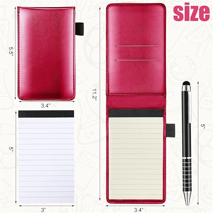 Outus 10 Pcs Pocket Notebook with Pen Set Included Mini Pocket Notepad Holder with 50 Lined Sheets, Metal Pen, 8 Pcs 3 x 5 Inch Memo Book Refills, 30 Lined Paper Per Note Pad (Rose Red)