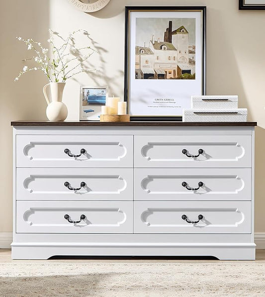 LIDYUK 6 Drawer Dresser for Bedroom Farmhouse WhiteTall Wood Chest of Drawers for Bedroom Dresser, Modern Rustic 55" Wide Drawers Dressers Wooden Closet and Storage Cabinet, Hallway, Living Room