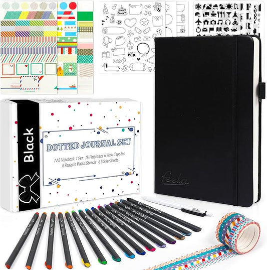 feela Dotted Journal Kit, Dot Grid Journal Hardcover Planner Notebook Set For Beginners Women Girls Note Taking with Journaling Supplies Stencils Stickers Pens Accessories, A5, 224 Pages, Black