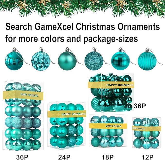 Teal Christmas Ornaments - Christmas Tree Decorations Shatterproof Hanging Balls for Birthday Wedding Holiday Decor Set of 36pcs, Multi-Sizes(1.6",2.5",3.2")