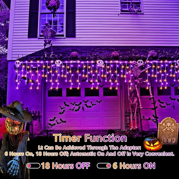 Halloween Lights, 49FT 450 LED Ice Lights with 8 Modes, Waterproof Timer Memory Hanging Light for Eaves Party Yard Garden Halloween Decor (Purple and Orange)