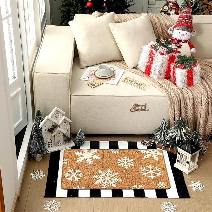 2 Pcs Christmas Door Mat Outdoor Winter Snowflake Nature Coir Welcome Outdoor Rug Black White Stripe Winter Christmas Front Porch Rugs Non Slip Floor Mats Indoor Entrance Decor