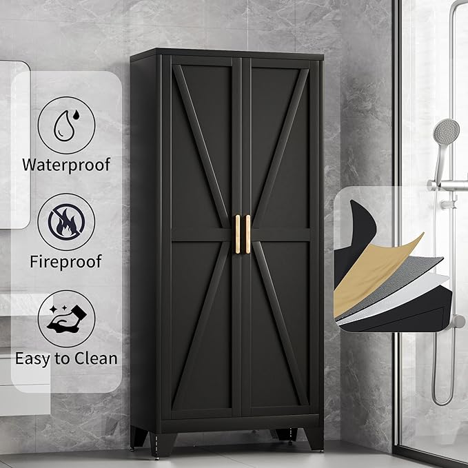 61H Metal Storage Cabinet with 2 Doors and 4 Shelves,Farmhouse Storage Cabinet with Barn Doors,Pantry Storage for Home,Office,Bathroom,Dining Room,Kitchen(Black)