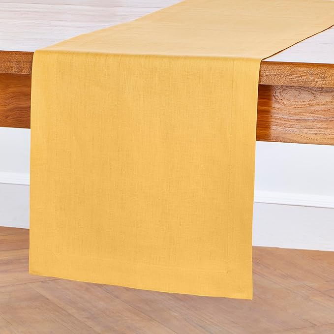 Solino Home Linen Mustard Yellow Table Runner 132 Inches Long - 100% Pure Linen Extra Long Table Runner 14 x 132 Inch - Fete