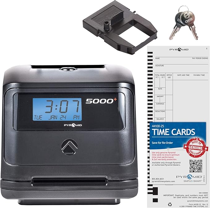 Pyramid Time Systems, Model 5000 Auto Totaling Time Clock, Handles up to 100 Employees, Made in USA, Black & 5000R Genuine Replacement Ribbon for 3550ss, 3600ss, 4000Pro, 5000, 5000HD Time Clocks