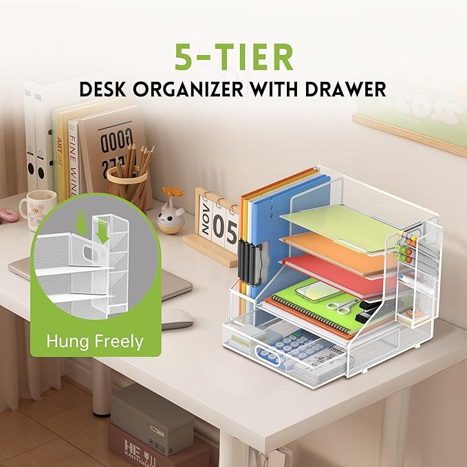 DALTACK Mesh Desk Organizer, 5-Tier Paper Letter Tray with File Holder & Pen Holder & Sliding Drawer, Desktop Organizer and Storage for Desk Accessories Office Supplies, White