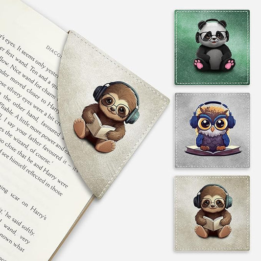 Cute Sloth Owls Panda Corner Bookmarks, Funny Leather Book Accessories for Book Lovers, 3 Pcs Reading Book Page Markers for Women Men Student Teacher Girls Boys Kids Retirement Birthday Gifts