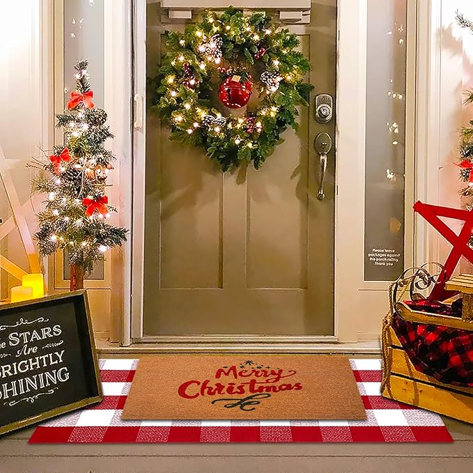 Christmas Red and White Plaid Rug - 24 x 51 Inches Outdoor Front Door Decor Mat Cotton Washable Hand-Woven Rug Christmas New Year Holiday Porch Entryway Layered Doormat