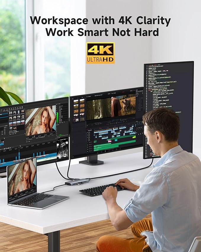 Triple Monitor Docking Station, 14-in-1 USB C Hub with DP 8K@30Hz/4K@144Hz, Dual HDMI 4K@60Hz, 100W PD, 7 USB Ports, SD/TF Card Reader, Gigabit Ethernet for MacBook & Windows Laptop