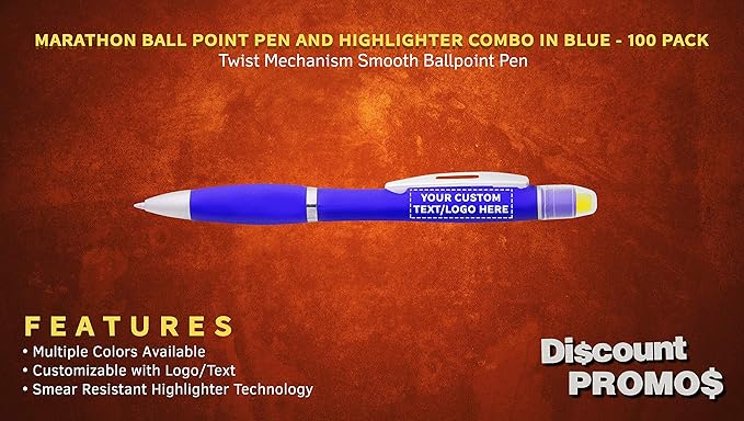 DISCOUNT PROMOS 100 Marathon Gel Highlighter Pens Pack - Customizable Text, Logo - Twist Mechanism, Ballpoint - Blue