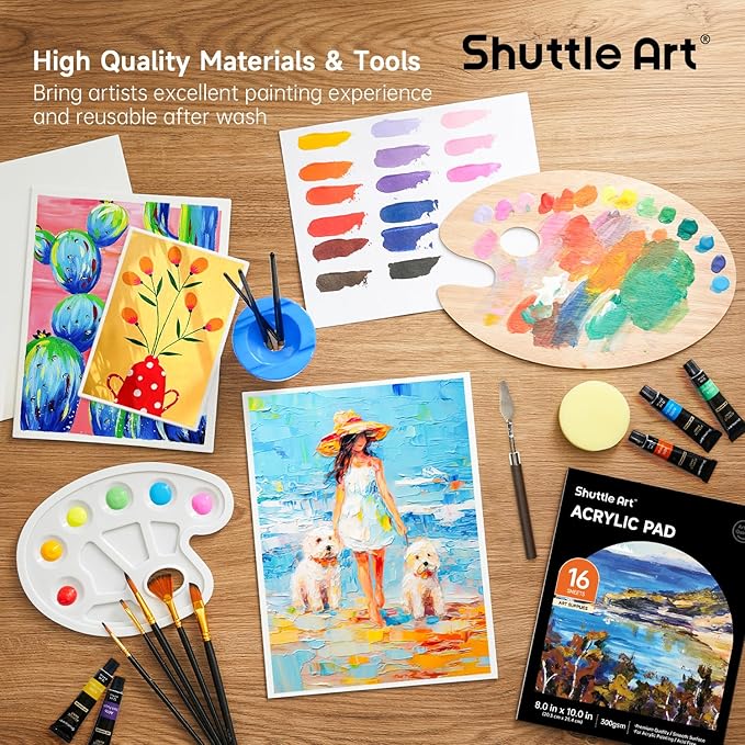 Shuttle Art Acrylic Painting Set, 59 Pack Professional Painting Supplies with Wood Tabletop Easel, 30 Colors Acrylic Paint, Canvas, Brushes, Palette, Complete Painting Kit for Kids, Adults, Artists