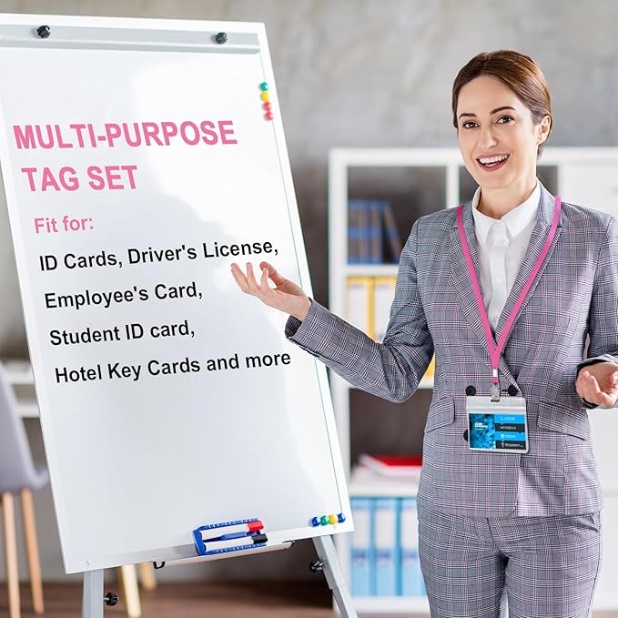 Marspark 100 Sets Clear Name Tags with Lanyard, Lanyards for ID Badges Reusable Strap with ID Holder Plastic Name Badges for Adults Business School Church Conference (Pink)