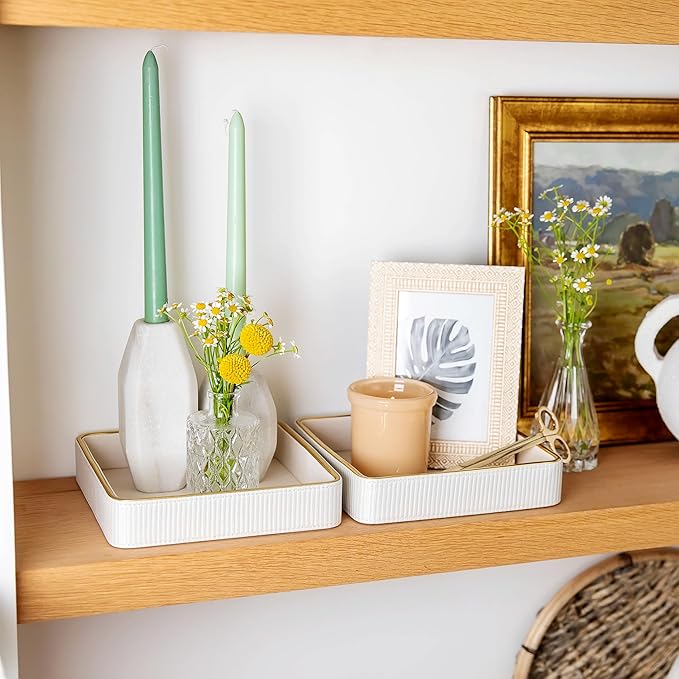 2 Pack White Catch All Trays for Jewelry| Small Leather Valet Tray| Key Bowl for Entryway Table EDC Trinket Tray Catch All| Perfume Trays for Dresser Organizer Perfume Holder (Set of 2)