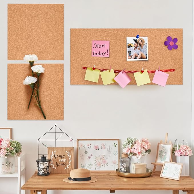 6 Pac Self-Adhesive Square Cork Boards for Wall with 100 Push Pins for Bulletin Boards Cork Wall Home School Office Decorative（12"x12"x1/4" ）