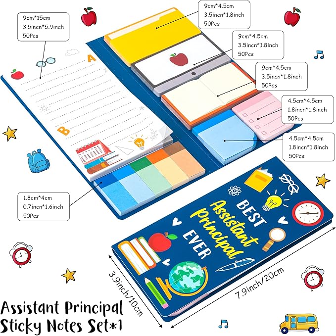 Xqumoi Best Assistant Principal Ever Sticky Notes Set - School Assistant Principal Self-Stick Note Pads Thank You Appreciation Gift Writing Memo Pad Page Marker Back to School Office Supplies