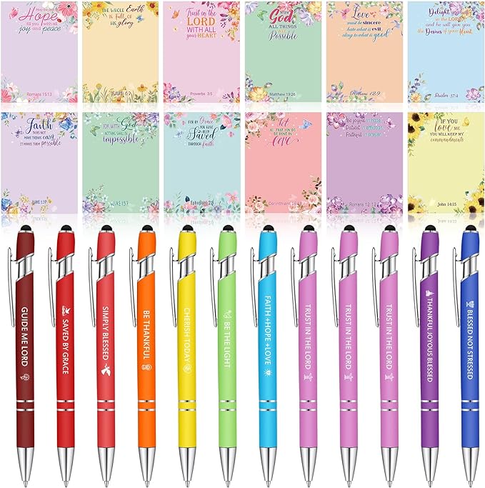 Geyee 24 Pcs Religious Sticky Notes with Bible Verse Pens Fun Notepads for Adults Coworkers Nurse 3 x 4 Inch to Do List Notepads with Sayings Pen for Lab Week Gifts Teacher Office Supplies