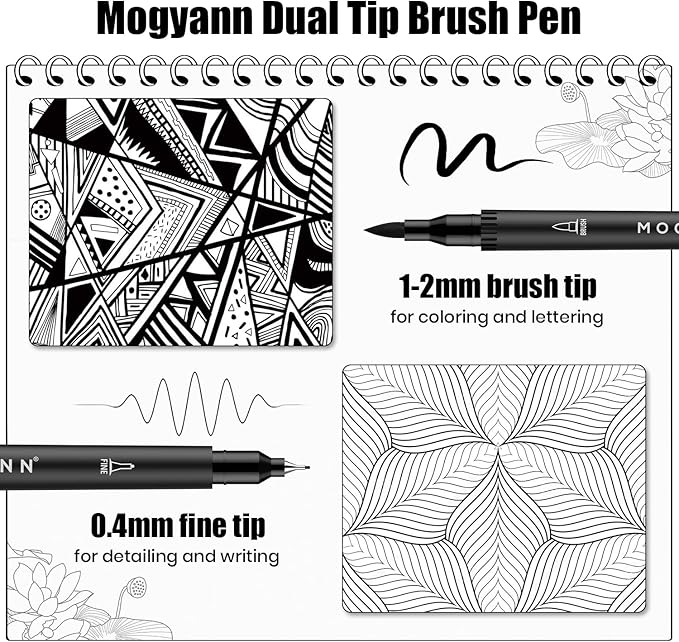 Mogyann Drawing Pens, 12 Pack Dual Brush Pens Black Markers for Art Drawing Sketching