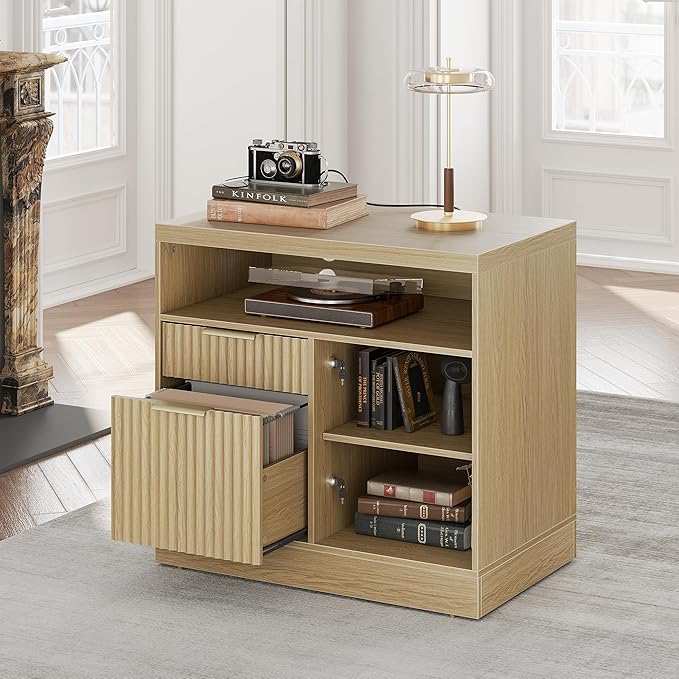 2 Drawer Fluted File Cabinet, 32'' Lateral File Cabinet with Lock and AC/USB for Legal/Letter/A4/F4 Size, Wood Filing Cabinet with Storage Shelves for Home Office, Light Walnut